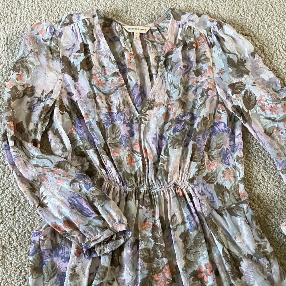 Rebecca Taylor Floral Print Top in Cream, Purple, Brown